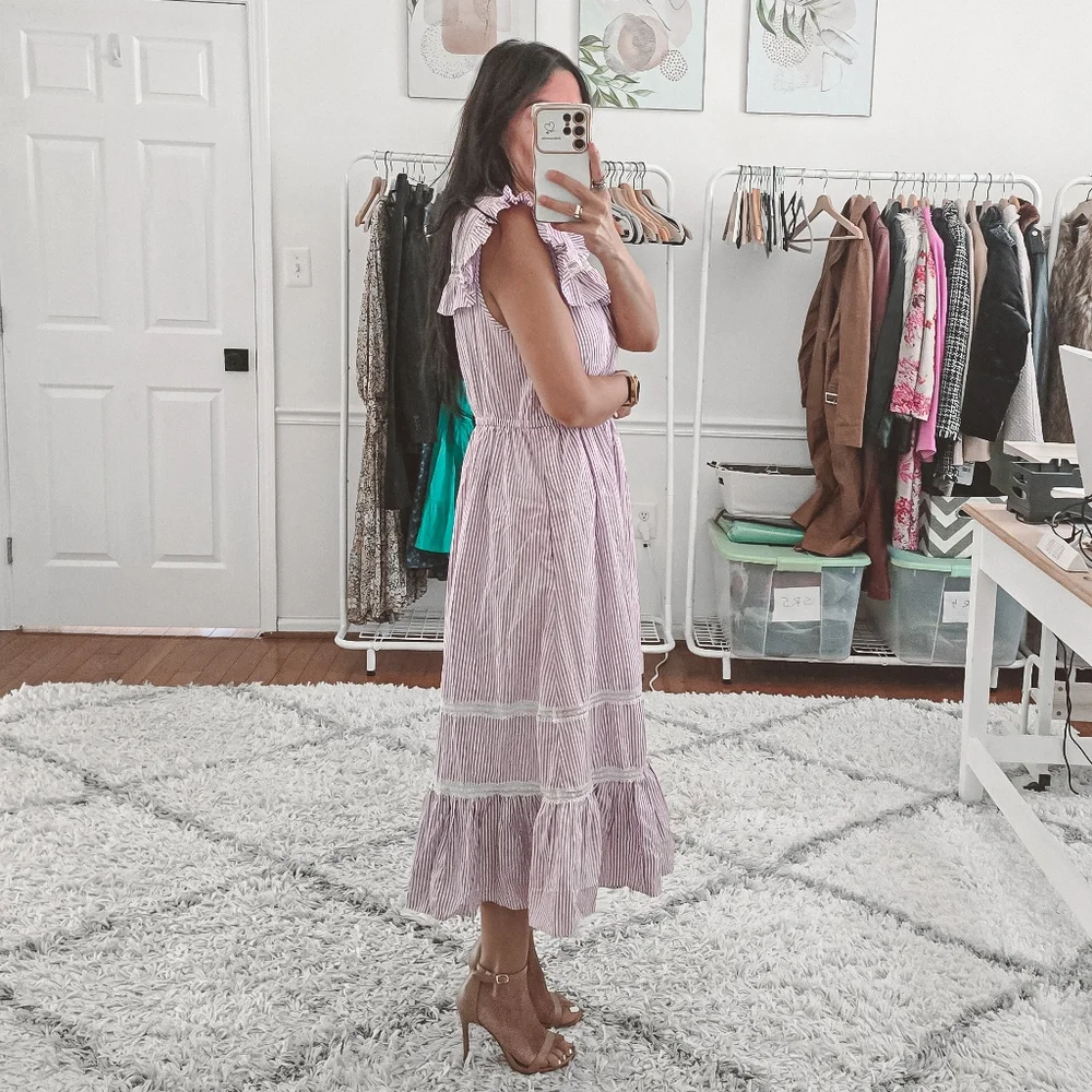 J.Crew Lavender Stripe Ruffle Tiered Midi Dress Size S - Picture 3 of 12